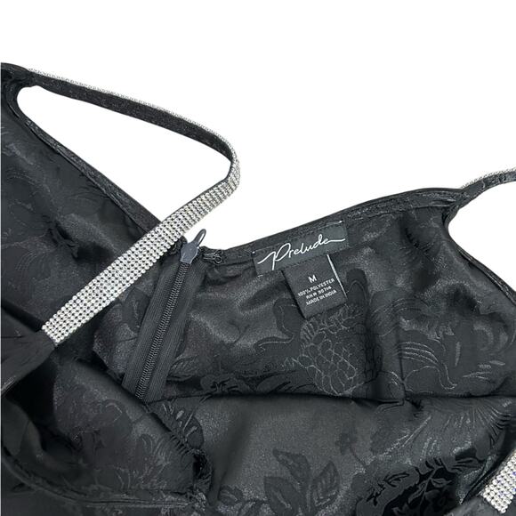 Medium- romper jumpsutt- black rhinestone straps- black florals- zip up - Picture 6 of 6